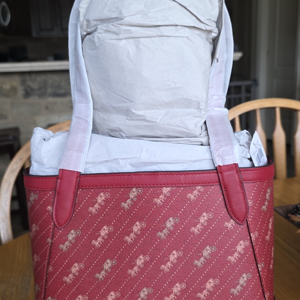 Coach Horse and Carriage Tote 27 Dot 99 Print Coated Canvas Deep Red Large Bag - Picture 4 of 9